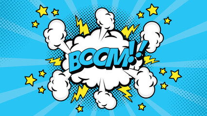 Comic speech bubble with text boom!, colorful halftone vintage pop art background design