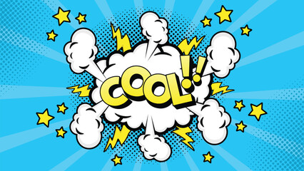 Comic speech bubble with text cool!, colorful halftone vintage pop art background design