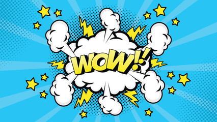 Comic speech bubble with text wow!, colorful halftone vintage pop art background design