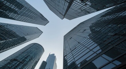 Fototapeta premium Skyscrapers reaching upward representing ambition and success, with glass facades reflecting the sky