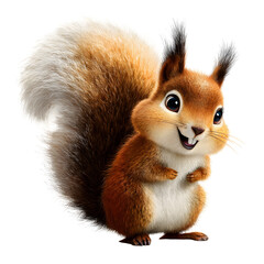 Obraz premium Cute cartoon squirrel with big fluffy tail and happy expression, standing against a dark background.