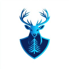 Obraz premium stylized blue deer head with large antlers above a shield containing a pine tree silhouette symbol in blue gradient