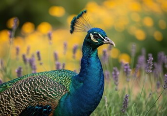 Obraz premium Close-up portrait of a vibrant Indian peafowl, showcasing its iridescent blue neck and green body feathers, standing amidst soft focus purple lavender and yellow wildflowers in a sunny garden.