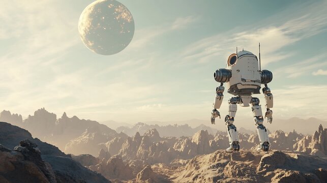 Futuristic robot explorer stands on an alien planet with a distant moon in the sky, observing the landscape