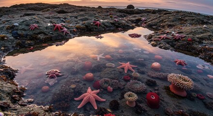Coastal tide pool at sunset, vibrant marine life