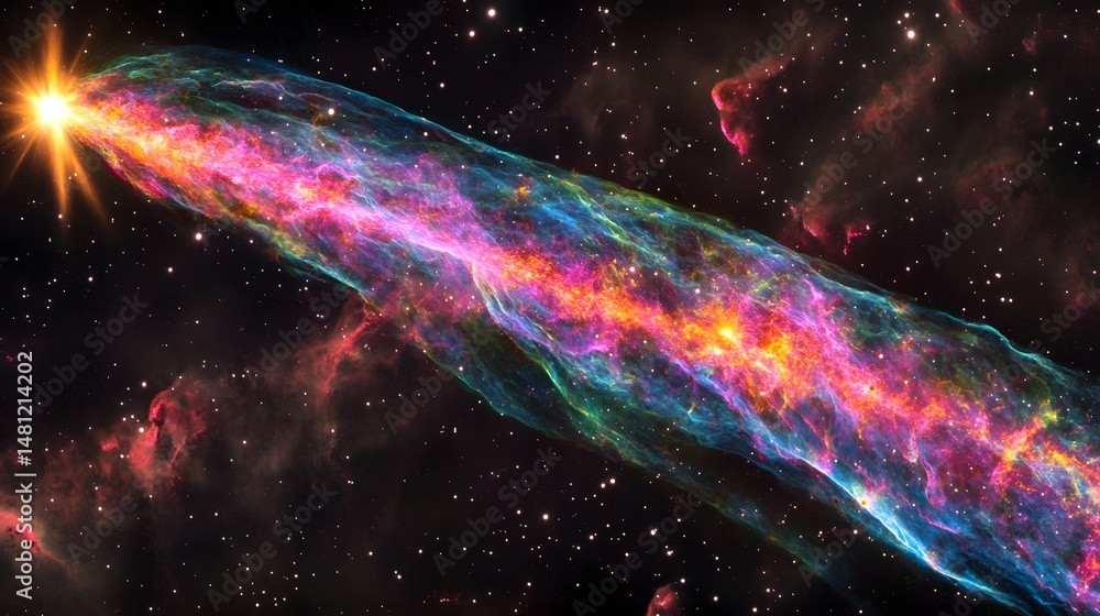 Poster colorful celestial nebula extending through a vast cosmos.