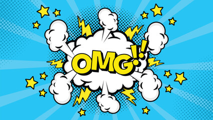 Comic speech bubble with text Omg!, colorful halftone vintage pop art background design