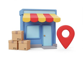 Obraz premium Cartoon shop facade with awning and three boxes and a location pin icon near