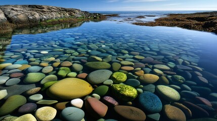 A stunning view of a clear tide pool filled with colorful stones under a blue sky.