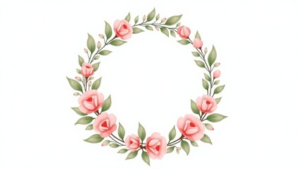 Fototapeta premium Delicate floral wreath design with soft pink roses and leaves.