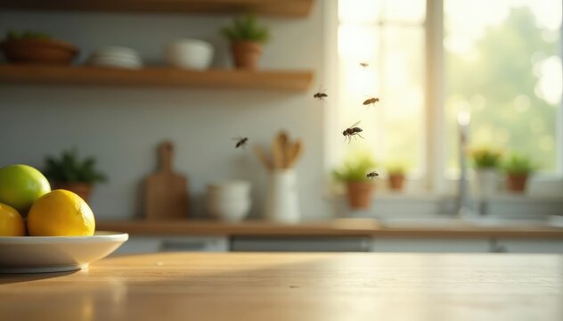 Blurred background of houseflies in flight over kitchen counter, background, motion