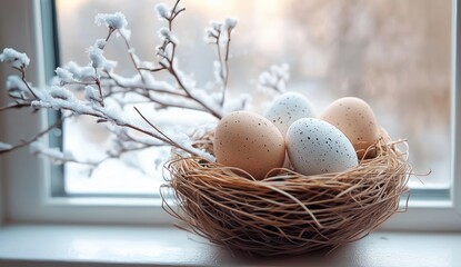 Obraz premium Nest with speckled eggs placed on a snowy windowsill showing delicate snow-covered branches and soft natural lighting