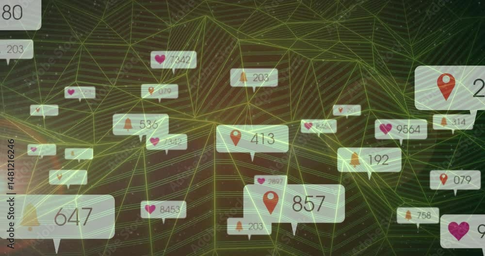 Poster digital data visualization floating over 3d wireframe mesh, displaying heart pin bell count icons