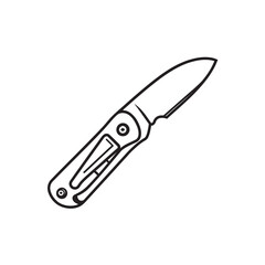 Fototapeta premium Black line art showcases a folding pocket knife's detailed minimalist design on transparent backdrop