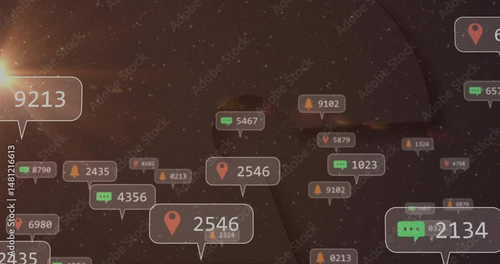 Poster central red map pin bubble floating amid glowing notification icons streaming through cosmic scene