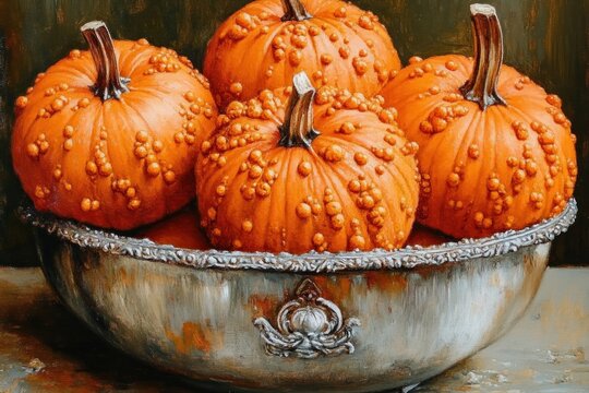 Four small orange pumpkins with bumpy textured skin are arranged in an ornate silver bowl on a rustic surface, evoking an autumnal and cozy feeling