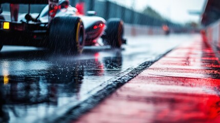 Obraz premium A formula one car racing in the rain, creating a dynamic splash of water on the track.