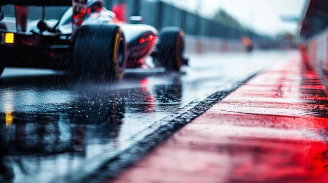 A formula one car racing in the rain, creating a dynamic splash of water on the track.