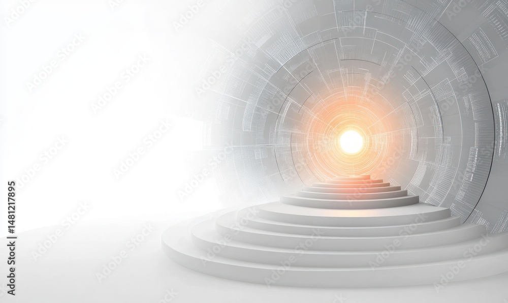 Poster a futuristic circular tunnel with digital patterns and bright glowing light at the end, featuring co