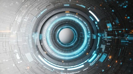 Futuristic digital circular interface with glowing blue and orange data elements and complex technological patterns in a high-tech environment