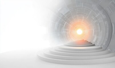 Fototapeta premium A futuristic circular tunnel with digital patterns and bright glowing light at the end, featuring concentric steps leading toward the light suggesting a journey or transition