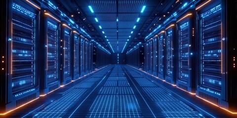 Obraz premium Futuristic data center corridor with rows of illuminated server racks and blue glowing lights reflecting on the grid-patterned floor, evoking a high-tech atmosphere
