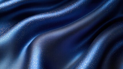 Close-up of smooth, flowing blue fabric with soft waves and scattered sparkling golden glitter creating a luxurious and elegant texture