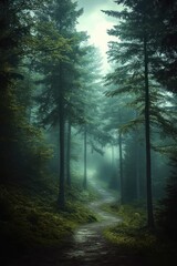 Obraz premium Misty forest path winding through tall evergreen trees in a serene and mysterious atmosphere