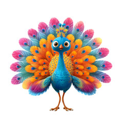 Fototapeta premium Vibrant Animated Peacock: A colorful bird with a big fan tail standing against a black background.