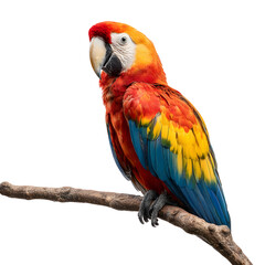 Obraz premium Colorful Parrot perched on branch, displaying vibrant red, yellow, and blue feathers in natural setting.