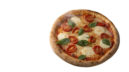 Hot Baked Pizza with Mozzarella Cherry Tomatoes and Fresh Basil Topping

food, baked pizza, mozzarella cheese, cherry tomatoes, fresh basil, golden crust, hot and steamy, fresh out the oven, italian p