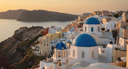 Colorful Santorini village at sunset