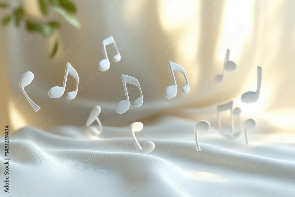 Poster floating musical notes rendered in 3d with soft light on delicate fabric background