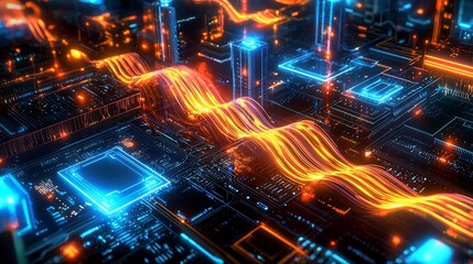 Neon cyber tech energy visualization, dynamic electric waves flowing through a futuristic web of high tech network processing units – high-quality AI image