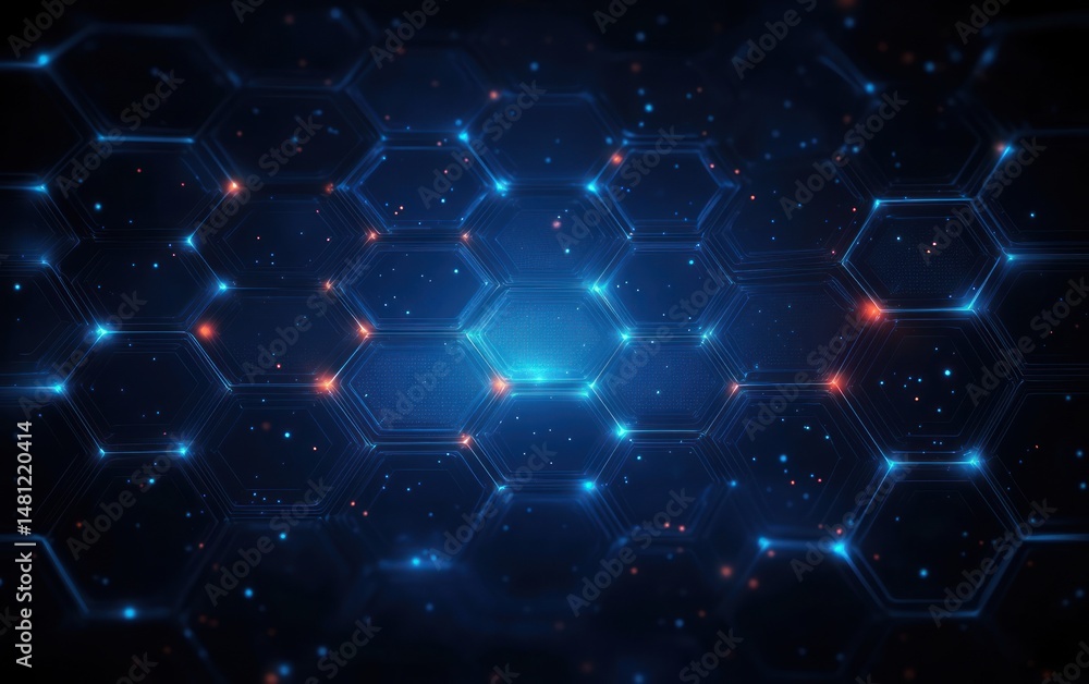 Fototapete glowing blue hexagonal grid pattern with illuminated points and digital futuristic technology design