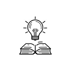 Black lineart shows book with bulb above, symbolizing education and idea generation on transparent background