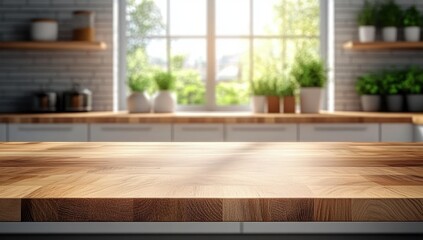 Bright and modern kitchen countertop made of wood with blurred background of window, shelves, and green plants creating a fresh and cozy atmosphere