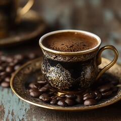 Demitasse Cup Filled With Dark, Rich Coffee Is Surrounded By Roasted Coffee Beans On A Rustic Wooden Surface, Turkish Coffee, Coffee Culture, Gourmet Beverage