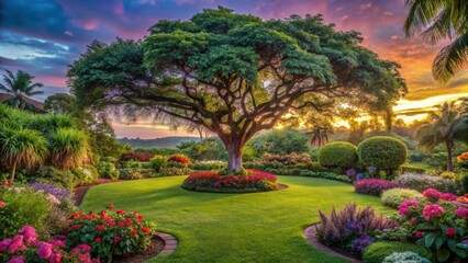 serene tropical garden at dusk with a large tree in the center surrounded by lush greenery and vibrant flowers, gloaming, tropical landscape