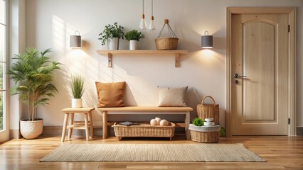 Minimalist entryway with natural wood bench woven storage baskets and jute rug under soft lighting cozy