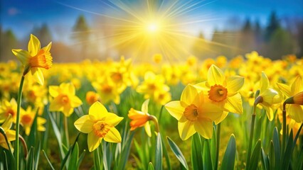 Fototapeta premium Bright sunshine illuminates a vibrant yellow daffodil field