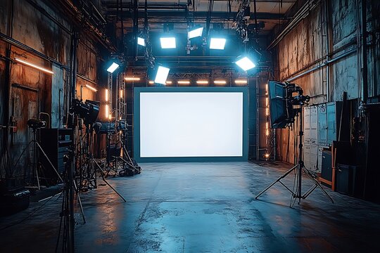 A professional film studio displays cinematic equipment and a bright screen for creative projects