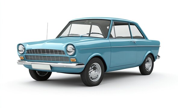 Fototapeta Light blue vintage car, classic design, studio shot,  isolated on white background.  Detailed view,  showing car's curves and features