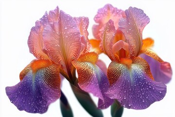 Close-up of vibrant iris flowers with purple, orange, and pink petals covered in morning dew droplets against a bright background