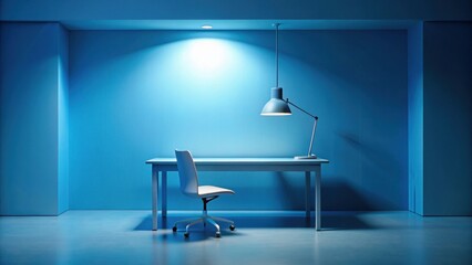 Minimalist blue studio room background with a single spotlight on a desk