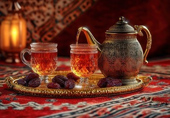 Ornate metal teapot pouring tea into two glass cups surrounded by dates on a decorative tray over richly patterned fabric evoking warmth and tradition