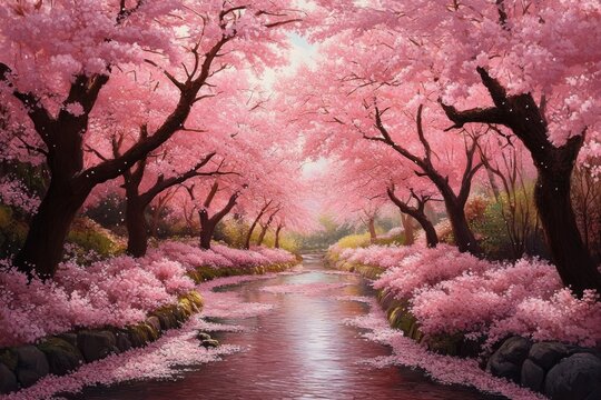 Peaceful pathway with blooming cherry blossom trees arching over a calm stream, covered with vibrant pink flowers creating a serene spring atmosphere