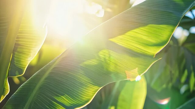 Sunlight shining on vibrant green banana leaves