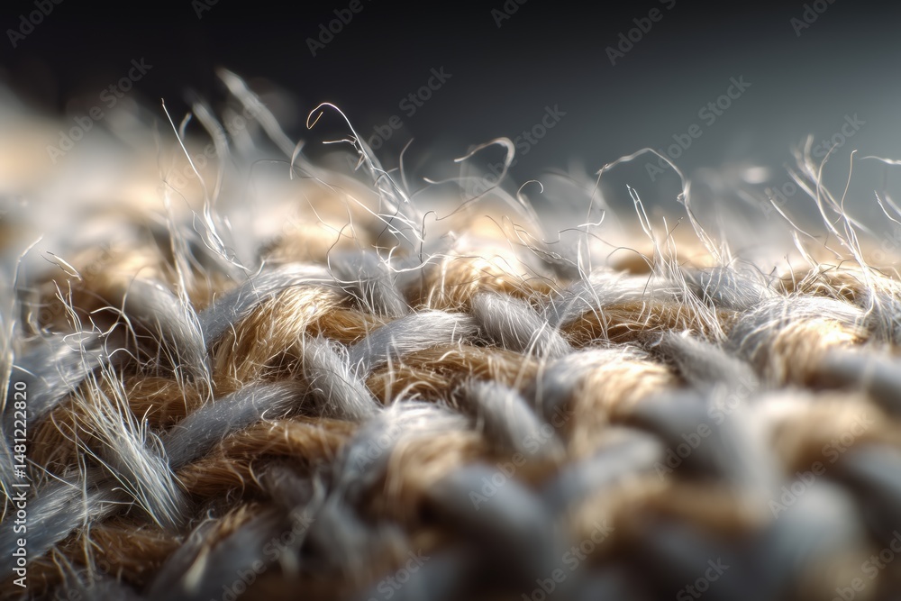Poster close-up of textured woven coolmax fabric showcasing intricate fibers and threads in beige and gray 