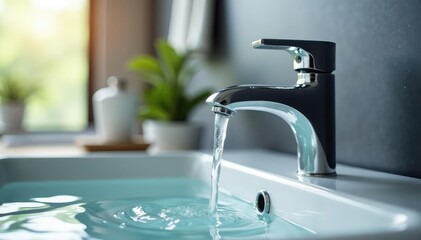 Modern chrome bathroom faucet with flowing water, close-up view , design, sink, spout